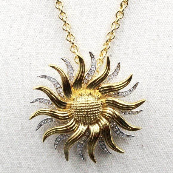Kenneth Jay Lane KJL Two Tone Dancing Sunflower Articulated Brooch Necklace - Picture 1 of 16